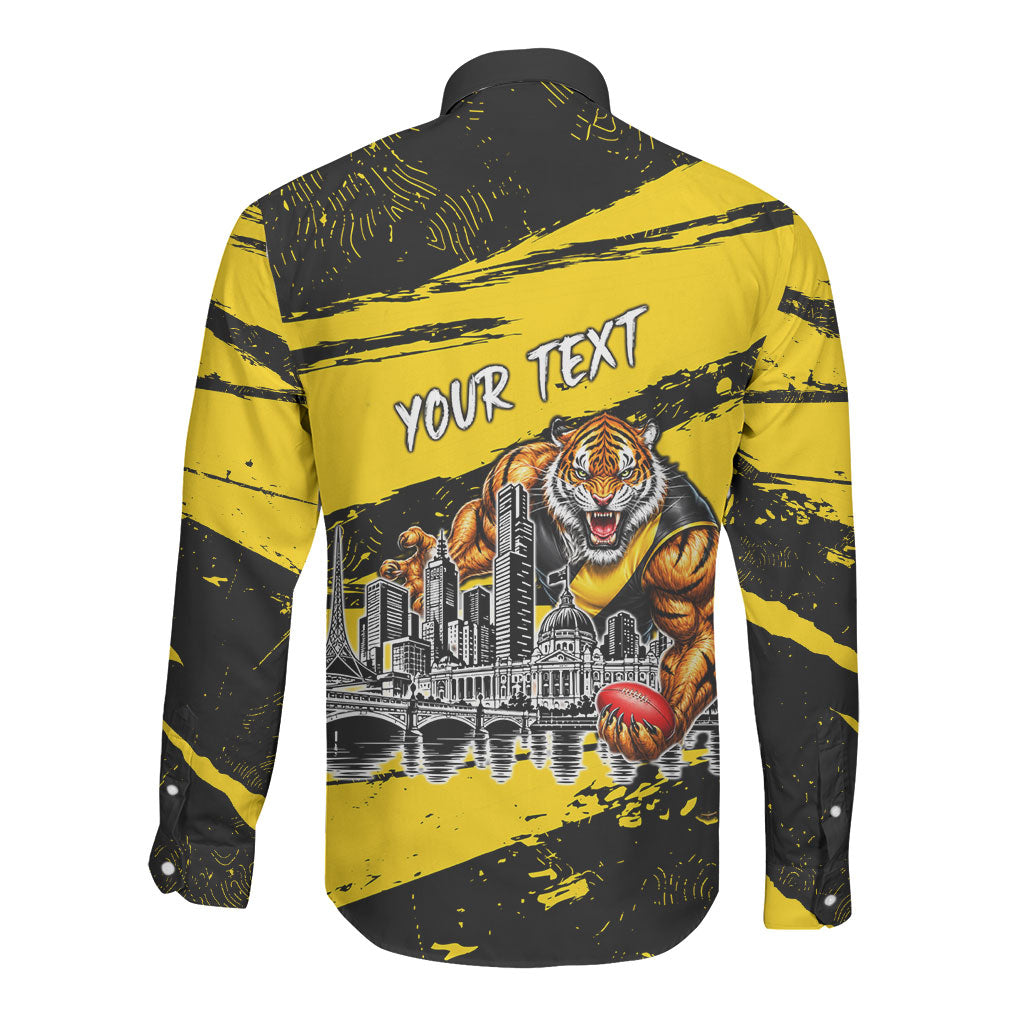 Personalised Richmond Tigers Football Long Sleeve Button Shirt Melbourne City Skyline Graphic Fierce Mascot Art