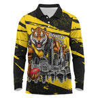 Personalised Richmond Tigers Football Long Sleeve Polo Shirt Melbourne City Skyline Graphic Fierce Mascot Art