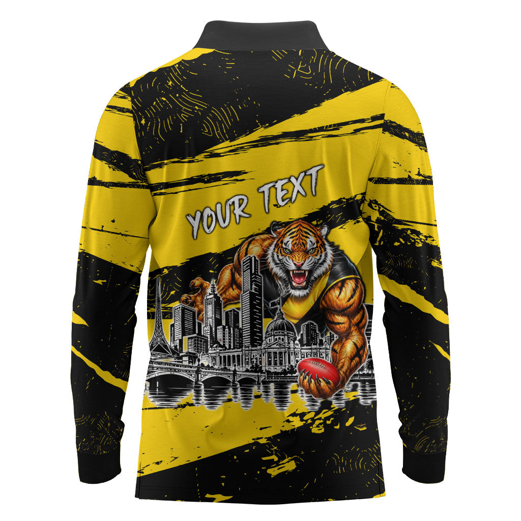 Personalised Richmond Tigers Football Long Sleeve Polo Shirt Melbourne City Skyline Graphic Fierce Mascot Art
