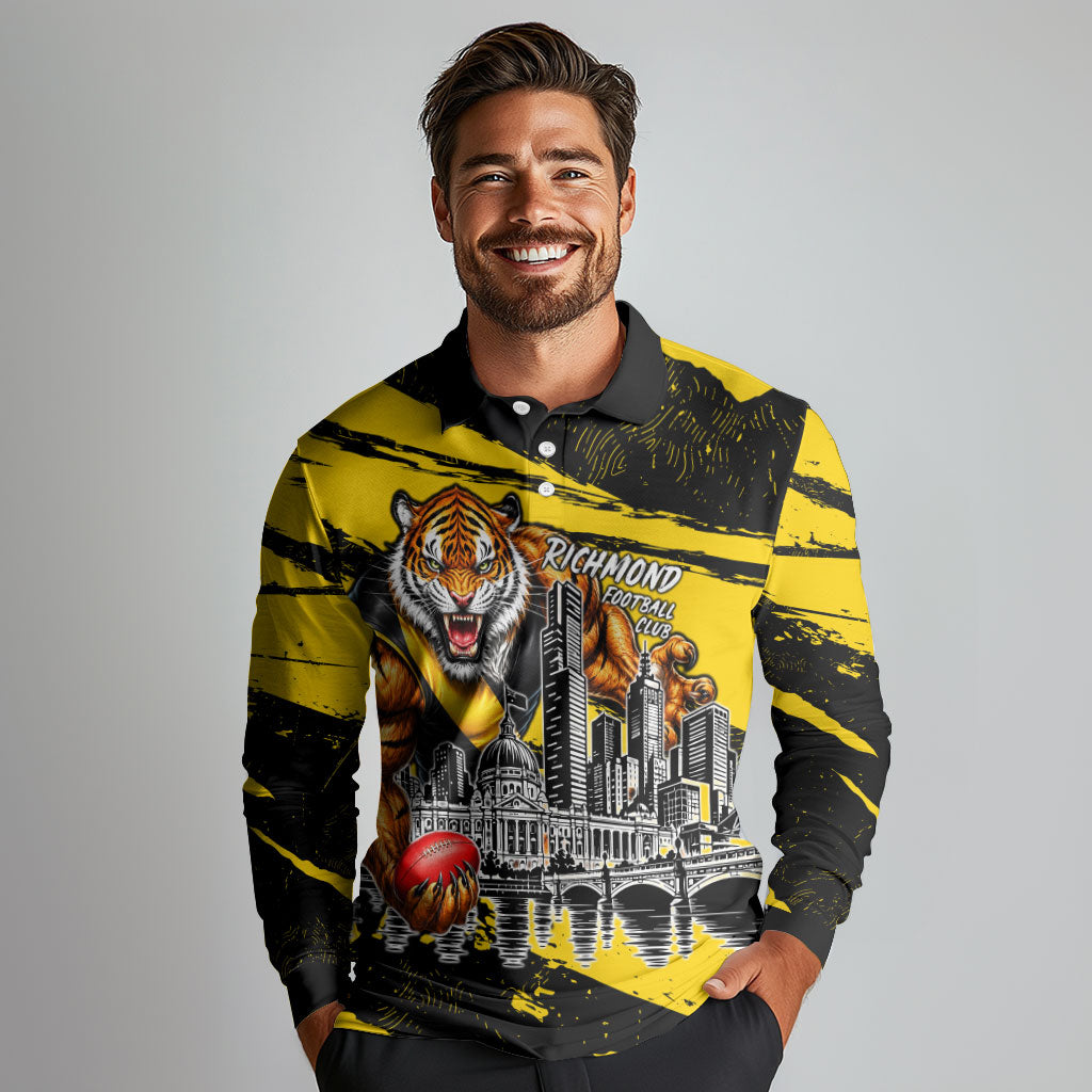Personalised Richmond Tigers Football Long Sleeve Polo Shirt Melbourne City Skyline Graphic Fierce Mascot Art