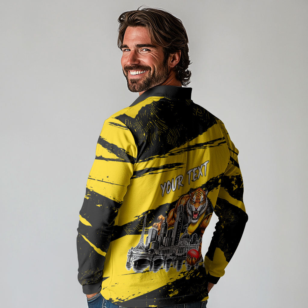 Personalised Richmond Tigers Football Long Sleeve Polo Shirt Melbourne City Skyline Graphic Fierce Mascot Art