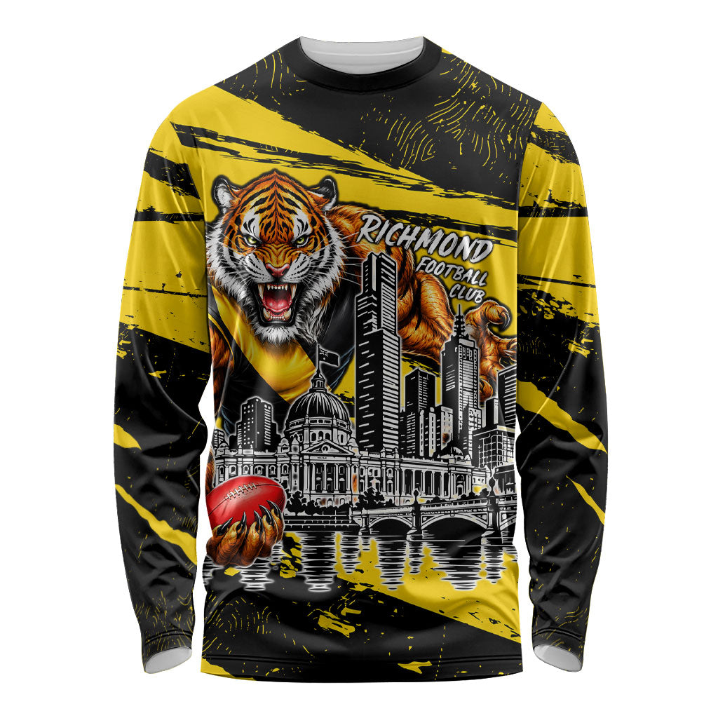 Personalised Richmond Tigers Football Long Sleeve Shirt Melbourne City Skyline Graphic Fierce Mascot Art