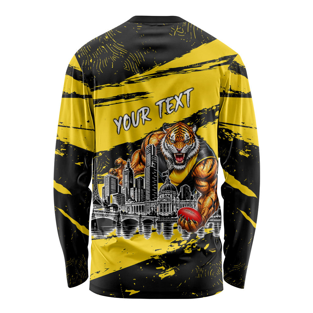 Personalised Richmond Tigers Football Long Sleeve Shirt Melbourne City Skyline Graphic Fierce Mascot Art