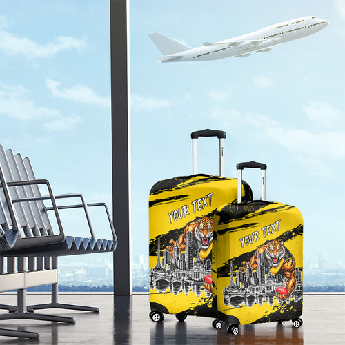 Personalised Richmond Tigers Football Luggage Cover Melbourne City Skyline Graphic Fierce Mascot Art