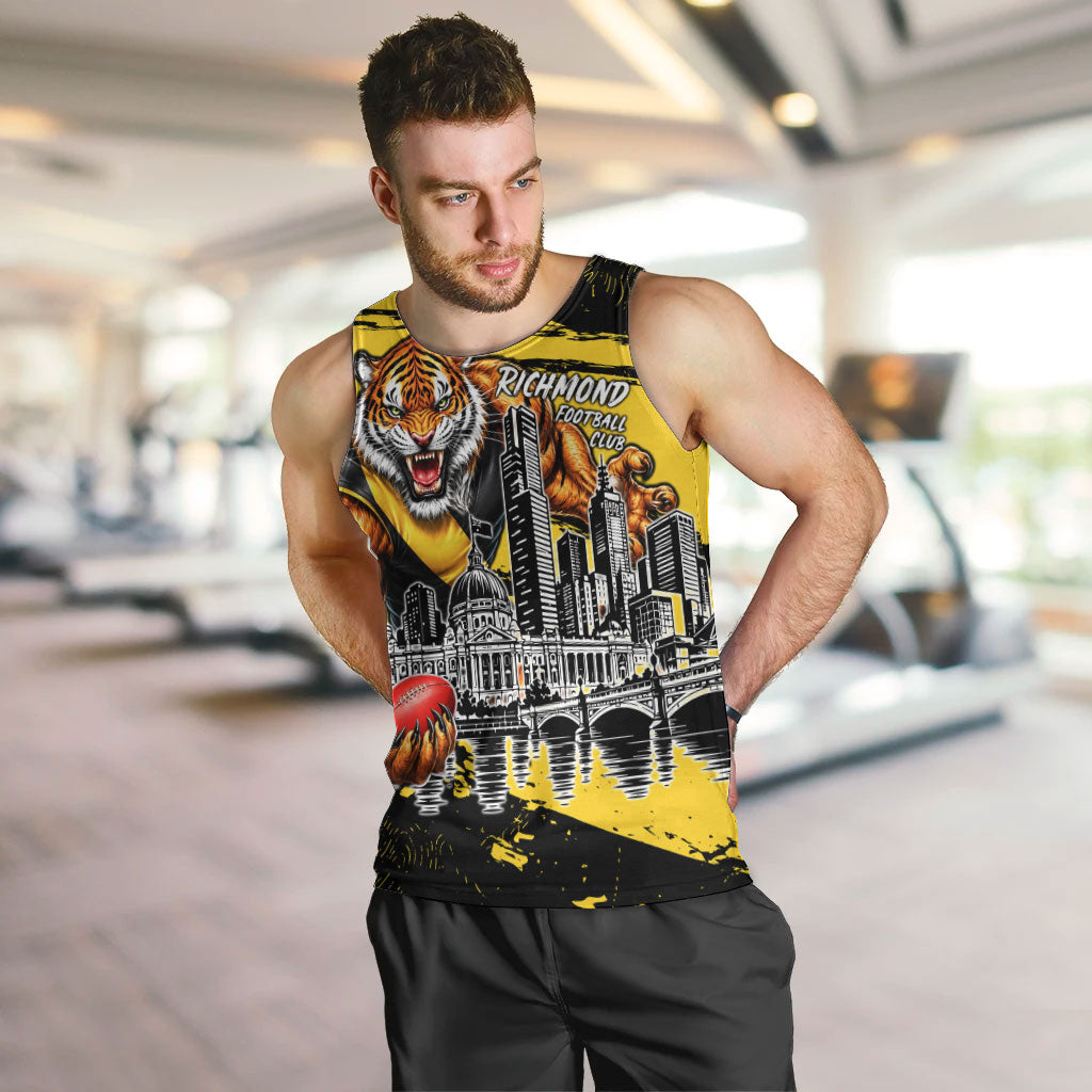 Personalised Richmond Tigers Football Men Tank Top Melbourne City Skyline Graphic Fierce Mascot Art
