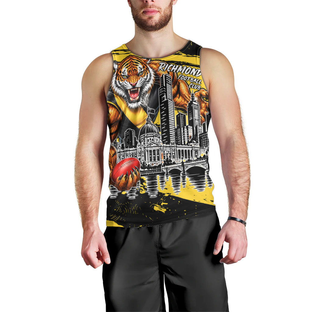 Personalised Richmond Tigers Football Men Tank Top Melbourne City Skyline Graphic Fierce Mascot Art