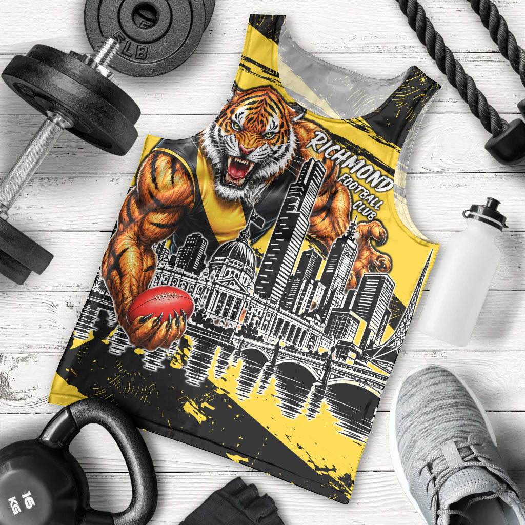 Personalised Richmond Tigers Football Men Tank Top Melbourne City Skyline Graphic Fierce Mascot Art