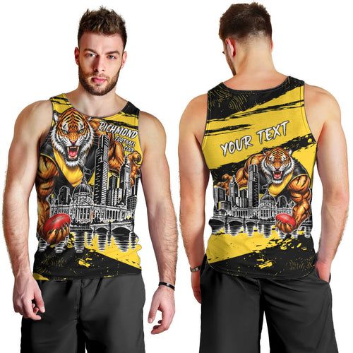 Personalised Richmond Tigers Football Men Tank Top Melbourne City Skyline Graphic Fierce Mascot Art