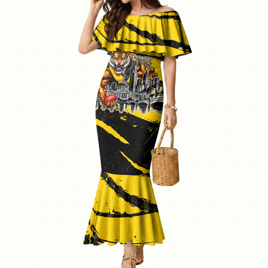 Personalised Richmond Tigers Football Mermaid Dress Melbourne City Skyline Graphic Fierce Mascot Art
