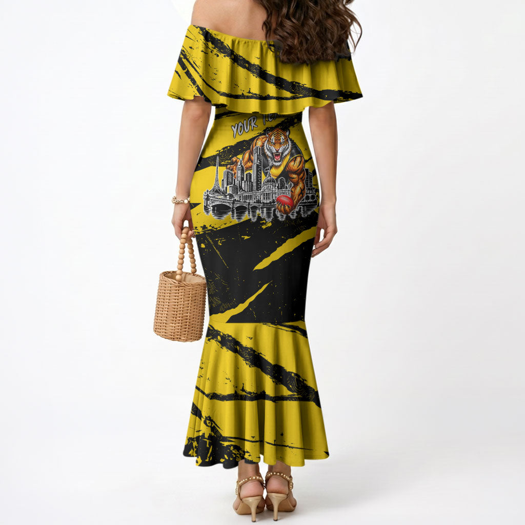 Personalised Richmond Tigers Football Mermaid Dress Melbourne City Skyline Graphic Fierce Mascot Art