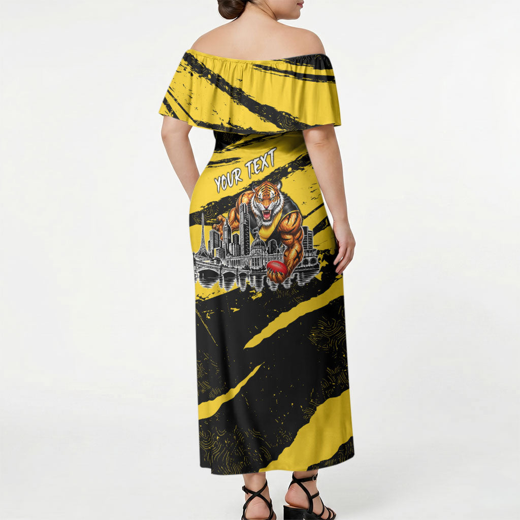 Personalised Richmond Tigers Football Off Shoulder Maxi Dress Melbourne City Skyline Graphic Fierce Mascot Art