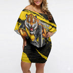 Personalised Richmond Tigers Football Off Shoulder Short Dress Melbourne City Skyline Graphic Fierce Mascot Art