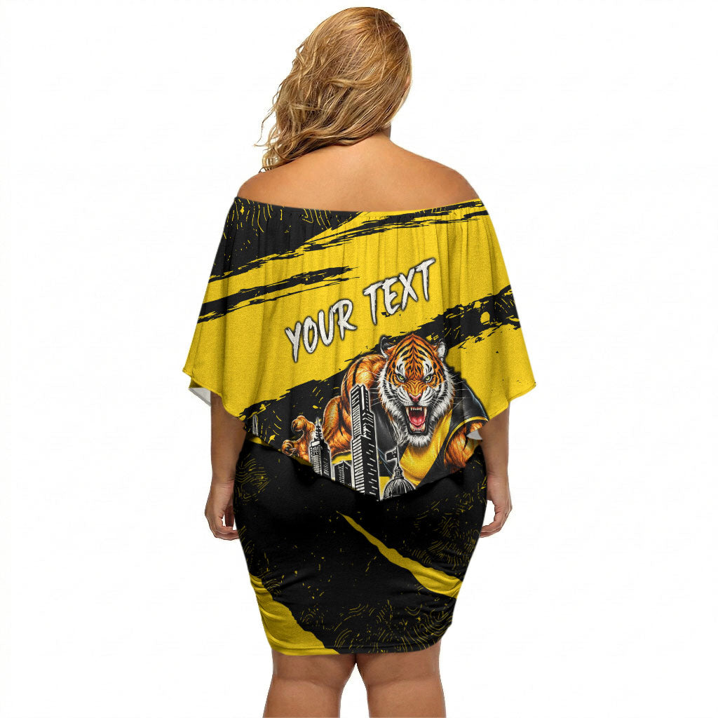 Personalised Richmond Tigers Football Off Shoulder Short Dress Melbourne City Skyline Graphic Fierce Mascot Art