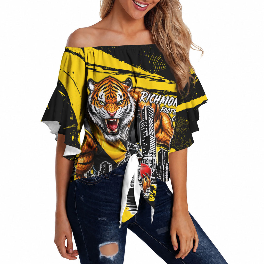 Personalised Richmond Tigers Football Off Shoulder Wrap Waist Top Melbourne City Skyline Graphic Fierce Mascot Art