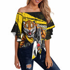 Personalised Richmond Tigers Football Off Shoulder Wrap Waist Top Melbourne City Skyline Graphic Fierce Mascot Art