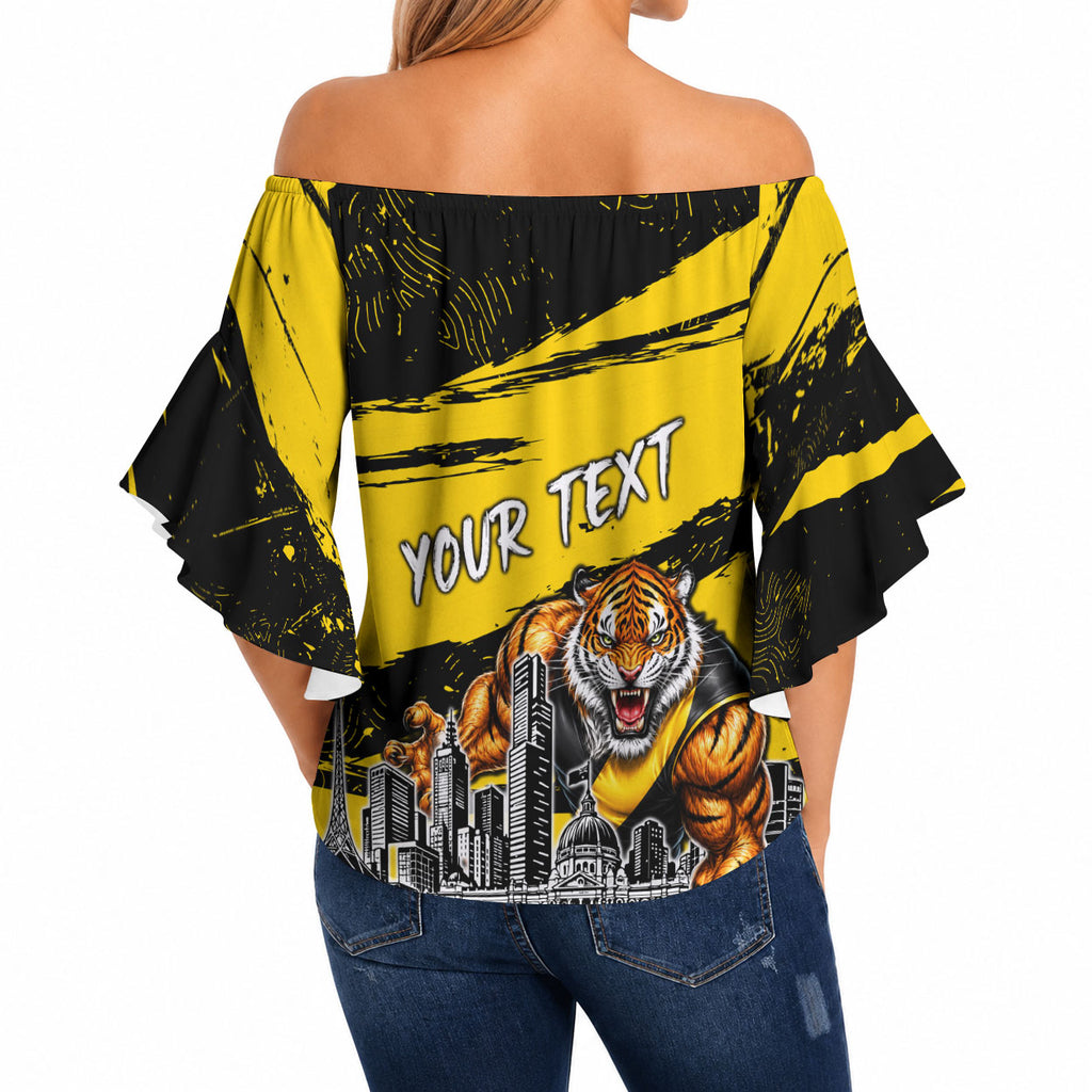 Personalised Richmond Tigers Football Off Shoulder Wrap Waist Top Melbourne City Skyline Graphic Fierce Mascot Art
