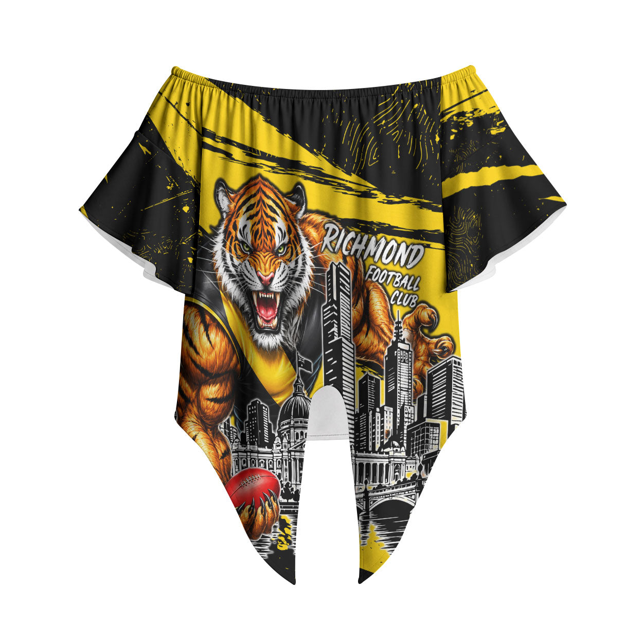 Personalised Richmond Tigers Football Off Shoulder Wrap Waist Top Melbourne City Skyline Graphic Fierce Mascot Art