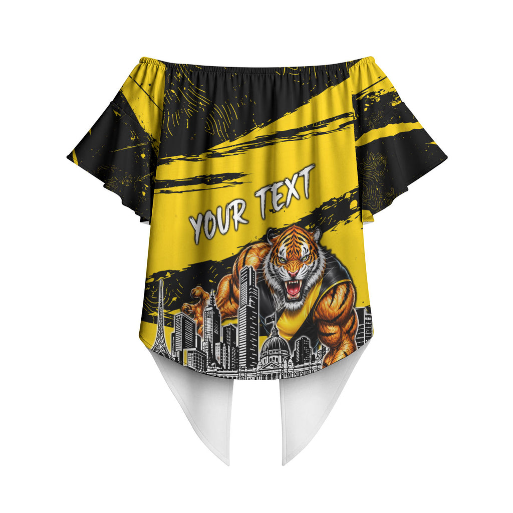 Personalised Richmond Tigers Football Off Shoulder Wrap Waist Top Melbourne City Skyline Graphic Fierce Mascot Art