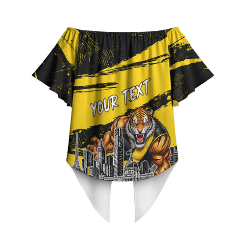 Personalised Richmond Tigers Football Off Shoulder Wrap Waist Top Melbourne City Skyline Graphic Fierce Mascot Art
