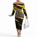 Personalised Richmond Tigers Football Off The Shoulder Long Sleeve Dress Melbourne City Skyline Graphic Fierce Mascot Art