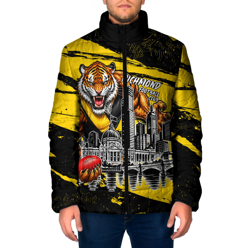 Personalised Richmond Tigers Football Padded Jacket Melbourne City Skyline Graphic Fierce Mascot Art