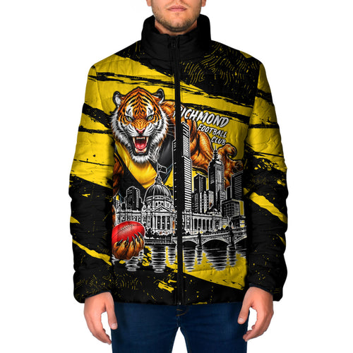 Personalised Richmond Tigers Football Padded Jacket Melbourne City Skyline Graphic Fierce Mascot Art