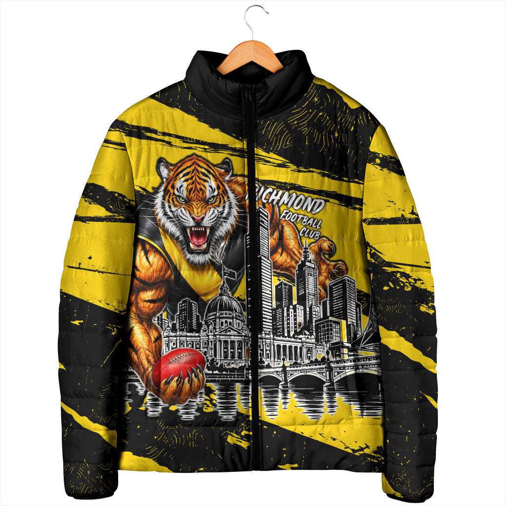 Personalised Richmond Tigers Football Padded Jacket Melbourne City Skyline Graphic Fierce Mascot Art