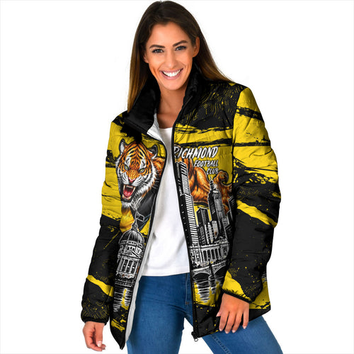 Personalised Richmond Tigers Football Padded Jacket Melbourne City Skyline Graphic Fierce Mascot Art