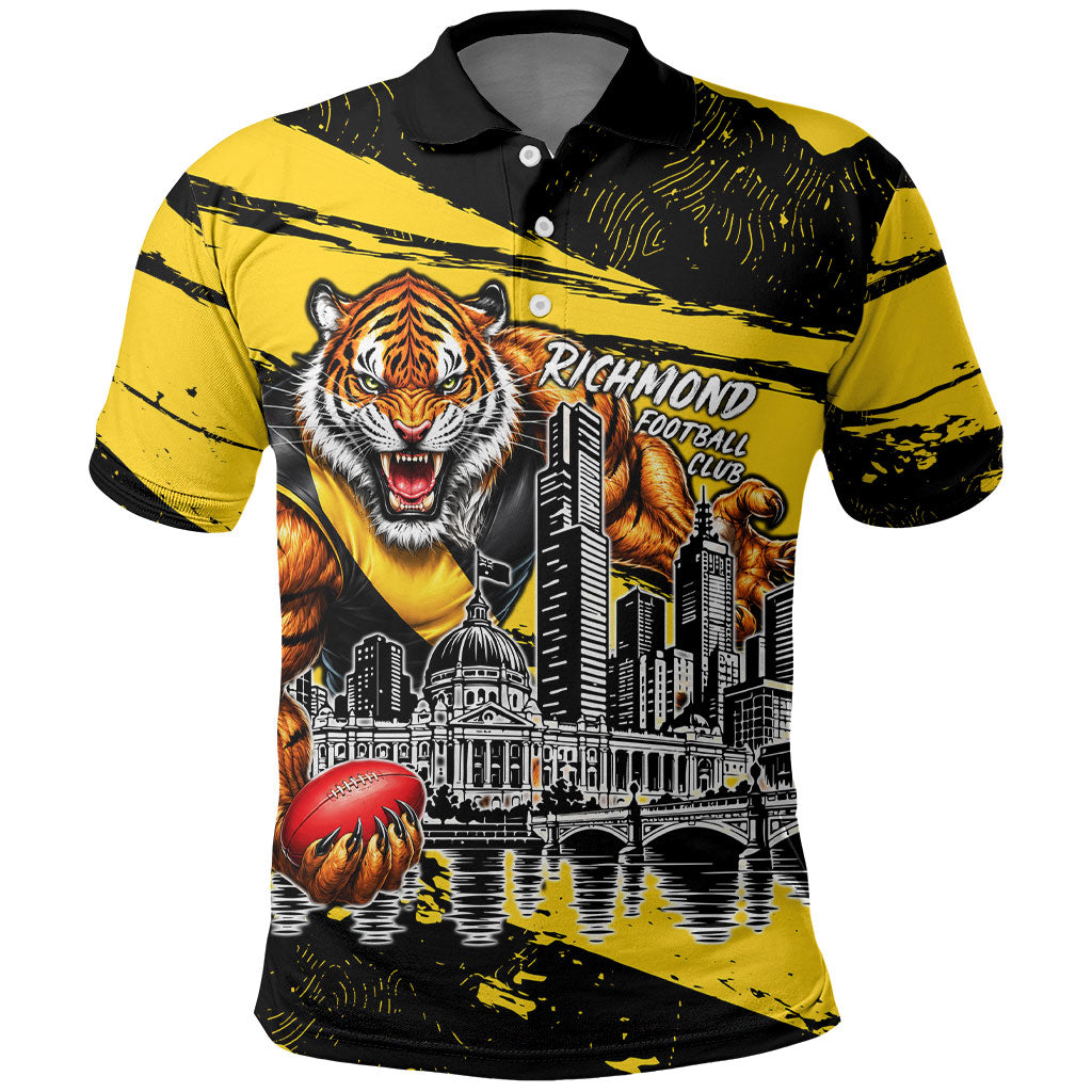 Personalised Richmond Tigers Football Polo Shirt Melbourne City Skyline Graphic Fierce Mascot Art