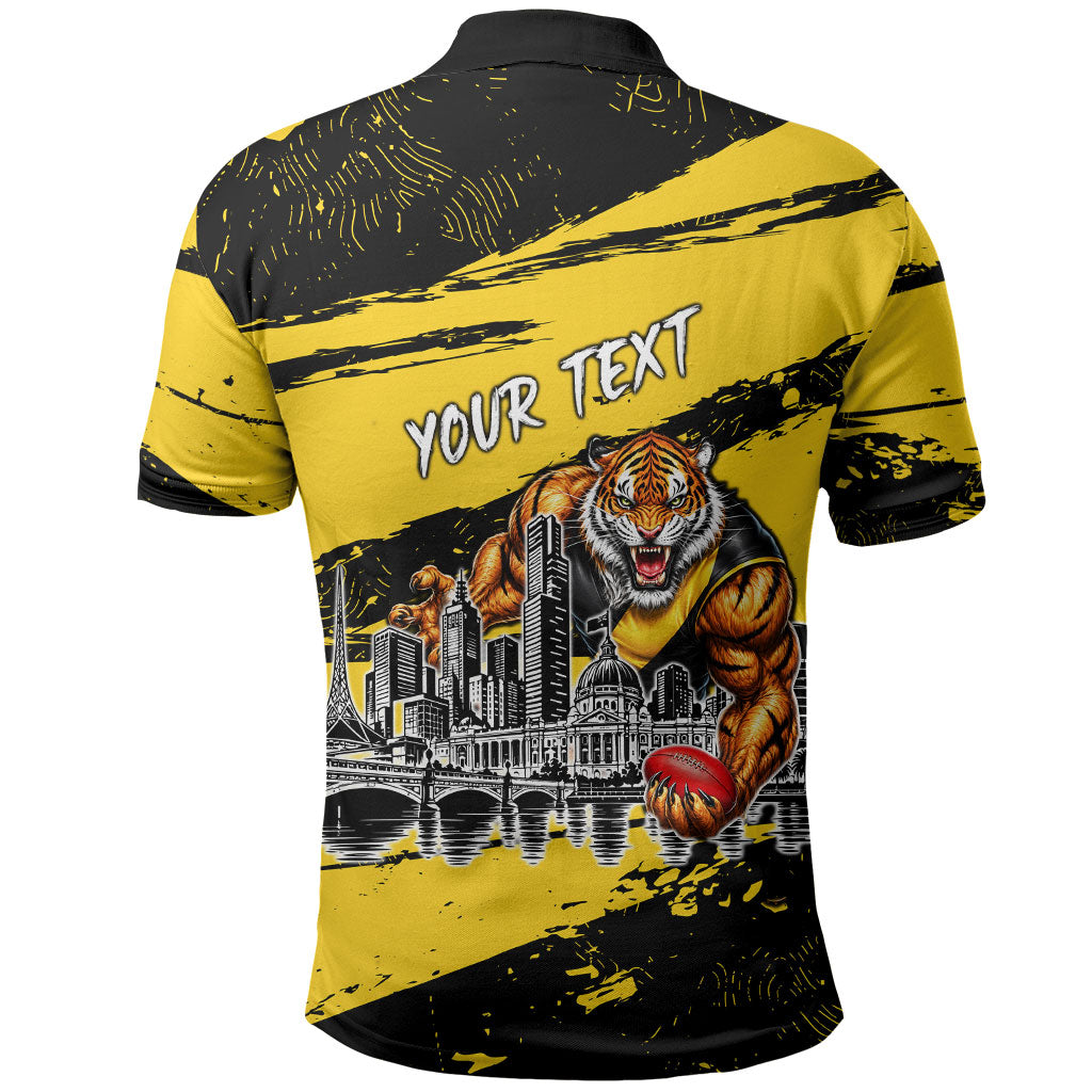 Personalised Richmond Tigers Football Polo Shirt Melbourne City Skyline Graphic Fierce Mascot Art