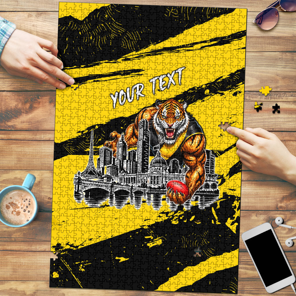 Personalised Richmond Tigers Football Puzzle Melbourne City Skyline Graphic Fierce Mascot Art