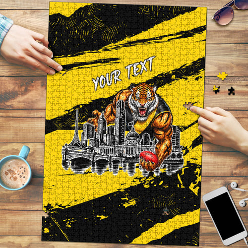 Personalised Richmond Tigers Football Puzzle Melbourne City Skyline Graphic Fierce Mascot Art
