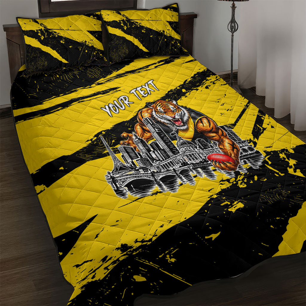 Personalised Richmond Tigers Football Quilt Bed Set Melbourne City Skyline Graphic Fierce Mascot Art