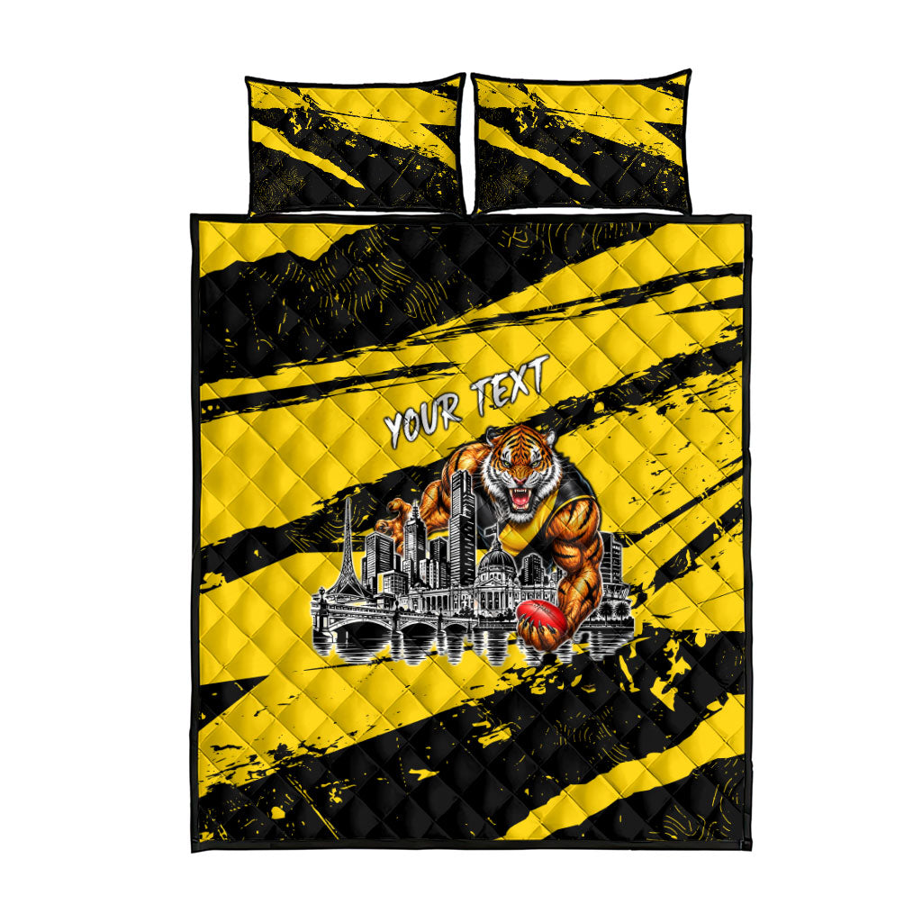 Personalised Richmond Tigers Football Quilt Bed Set Melbourne City Skyline Graphic Fierce Mascot Art
