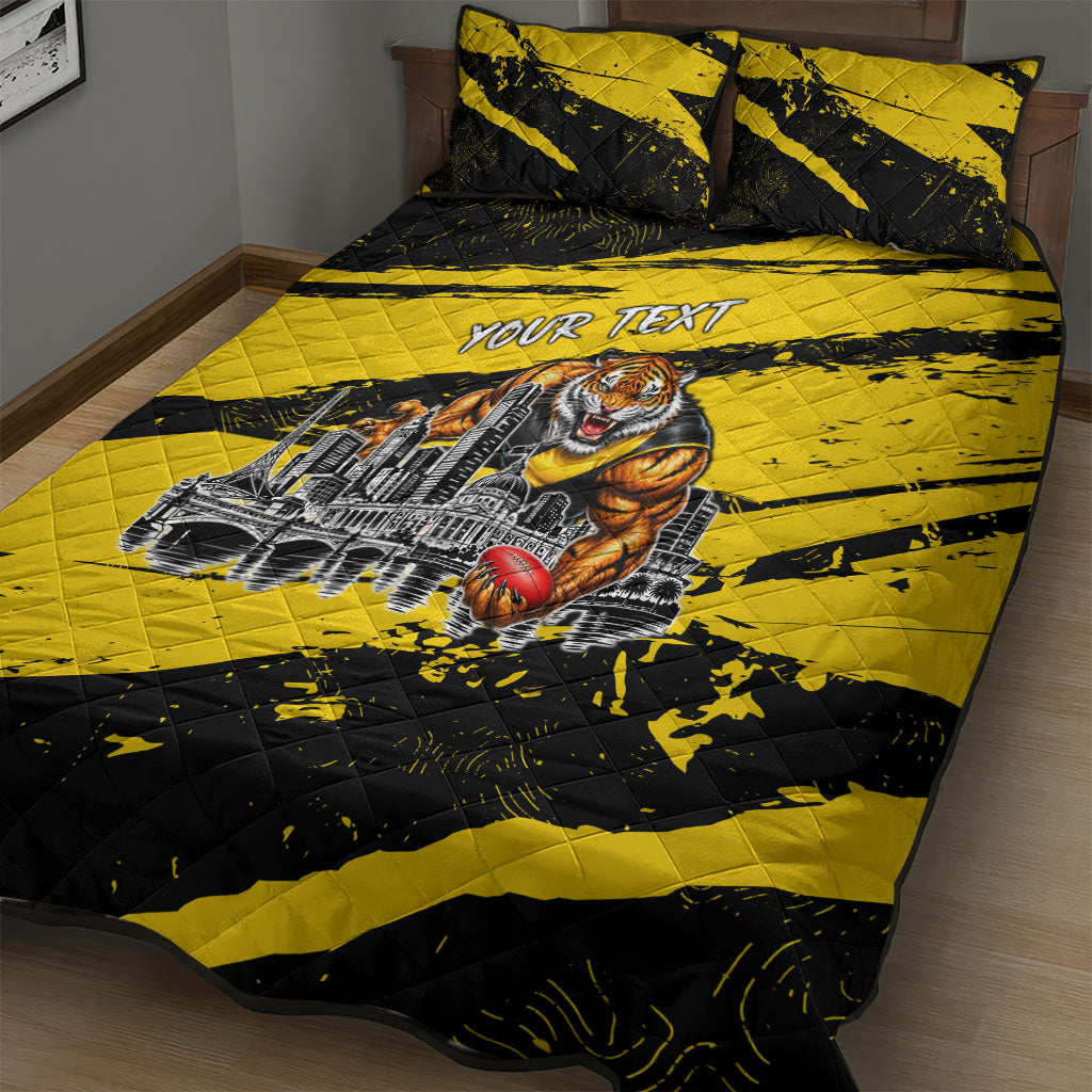 Personalised Richmond Tigers Football Quilt Bed Set Melbourne City Skyline Graphic Fierce Mascot Art