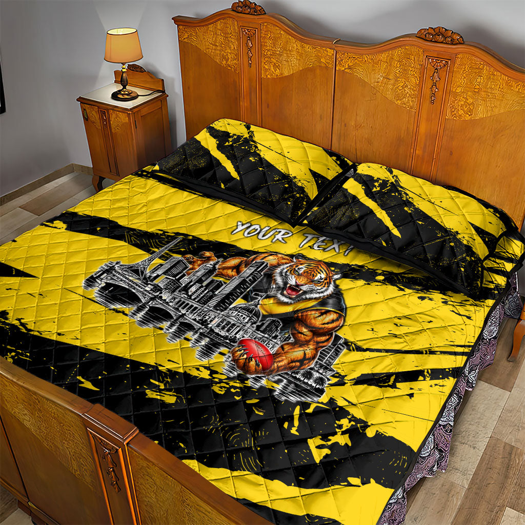 Personalised Richmond Tigers Football Quilt Bed Set Melbourne City Skyline Graphic Fierce Mascot Art