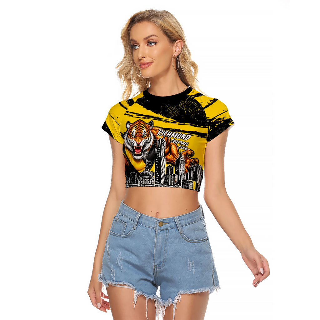 Personalised Richmond Tigers Football Raglan Cropped T Shirt Melbourne City Skyline Graphic Fierce Mascot Art