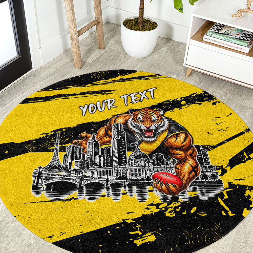 Personalised Richmond Tigers Football Round Carpet Melbourne City Skyline Graphic Fierce Mascot Art