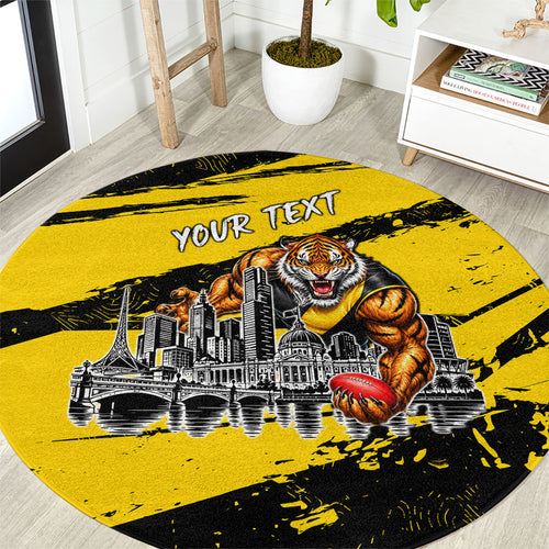 Personalised Richmond Tigers Football Round Carpet Melbourne City Skyline Graphic Fierce Mascot Art