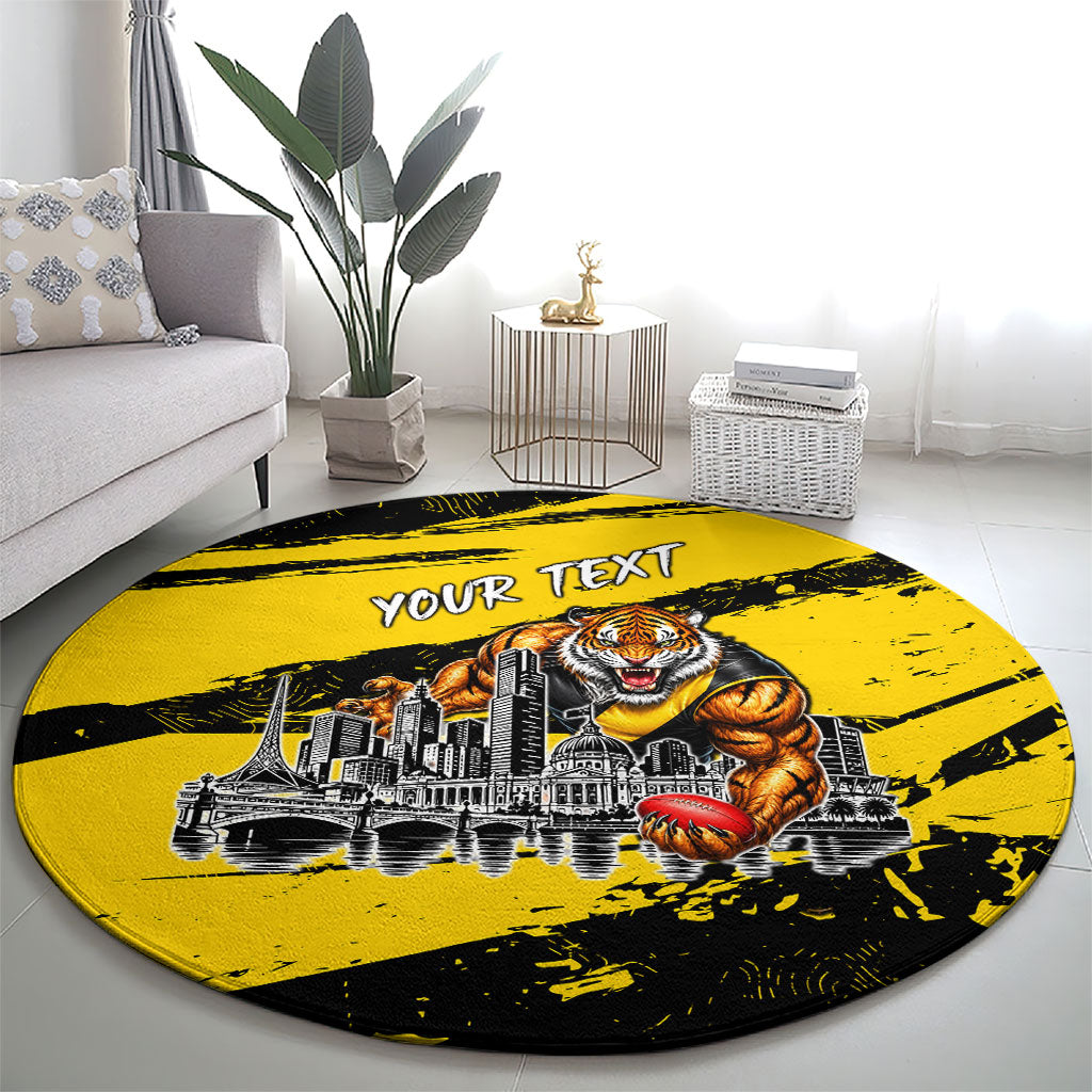 Personalised Richmond Tigers Football Round Carpet Melbourne City Skyline Graphic Fierce Mascot Art