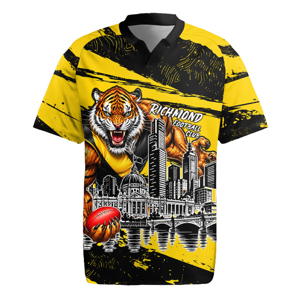 Personalised Richmond Tigers Football Rugby Jersey Melbourne City Skyline Graphic Fierce Mascot Art