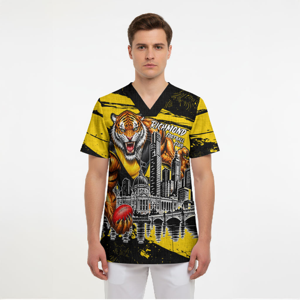 Personalised Richmond Tigers Football Scrub Top Melbourne City Skyline Graphic Fierce Mascot Art