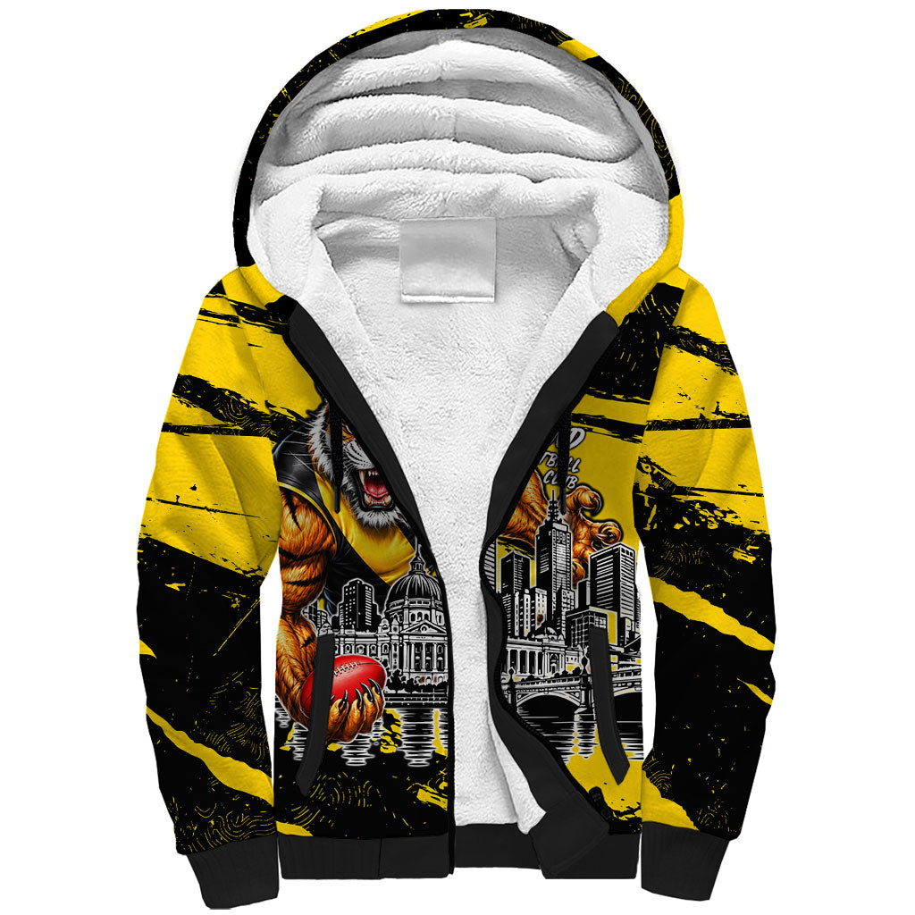 Personalised Richmond Tigers Football Sherpa Hoodie Melbourne City Skyline Graphic Fierce Mascot Art