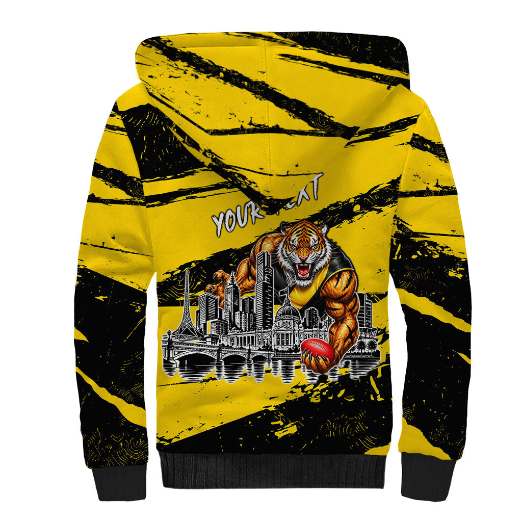 Personalised Richmond Tigers Football Sherpa Hoodie Melbourne City Skyline Graphic Fierce Mascot Art