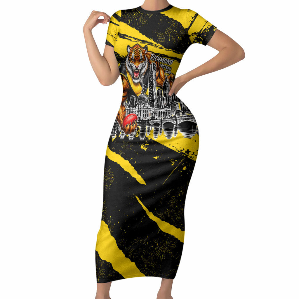 Personalised Richmond Tigers Football Short Sleeve Bodycon Dress Melbourne City Skyline Graphic Fierce Mascot Art