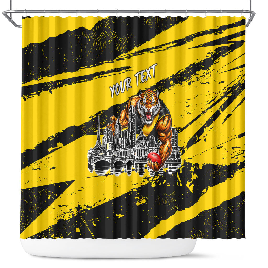 Personalised Richmond Tigers Football Shower Curtain Melbourne City Skyline Graphic Fierce Mascot Art