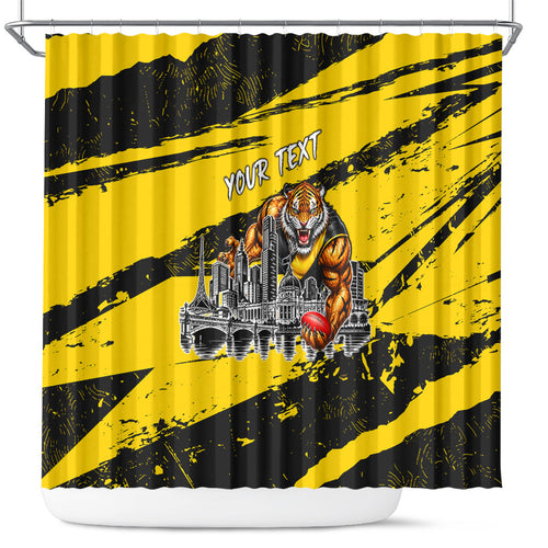 Personalised Richmond Tigers Football Shower Curtain Melbourne City Skyline Graphic Fierce Mascot Art