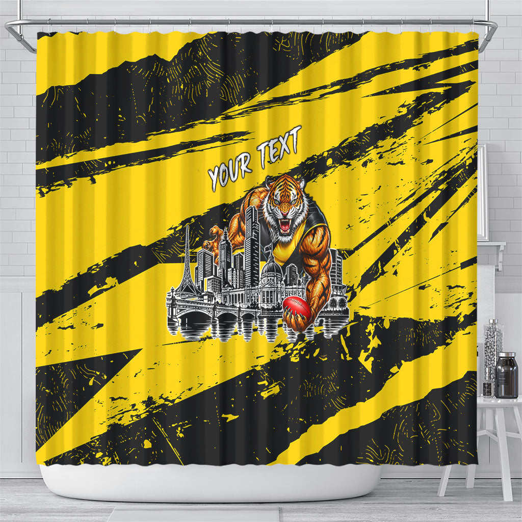 Personalised Richmond Tigers Football Shower Curtain Melbourne City Skyline Graphic Fierce Mascot Art