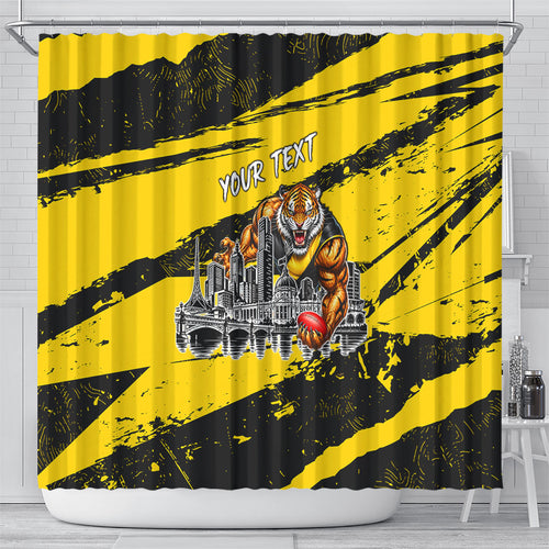 Personalised Richmond Tigers Football Shower Curtain Melbourne City Skyline Graphic Fierce Mascot Art