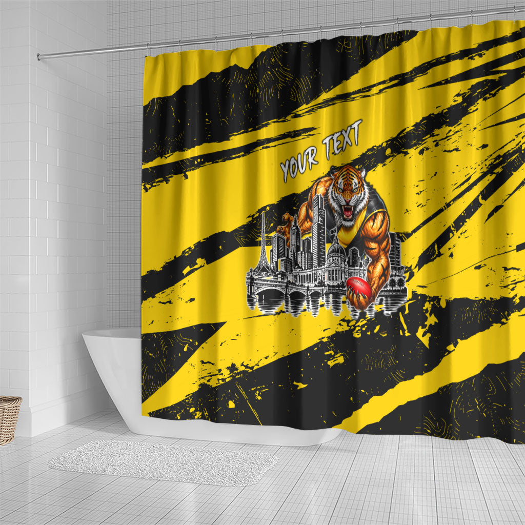 Personalised Richmond Tigers Football Shower Curtain Melbourne City Skyline Graphic Fierce Mascot Art